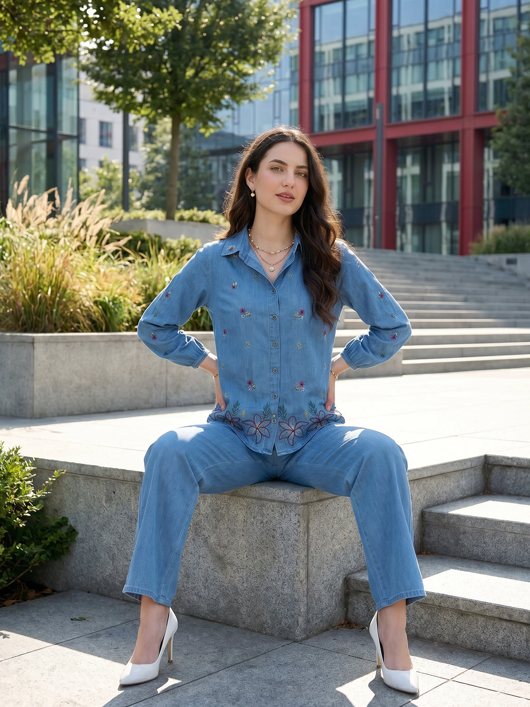 Zummer Denim Co-ord Set – Blue Embroidered Shirt & Trousers