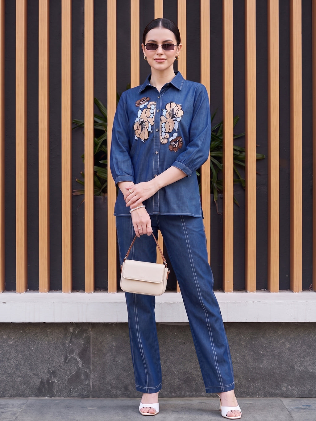 Zummer Women's Blue Embroidered Cotton Co-Ord Set with Floral Trim