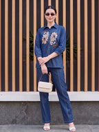 Zummer Women's Blue Embroidered Cotton Co-Ord Set with Floral Trim