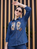 Zummer Women's Blue Embroidered Cotton Co-Ord Set with Floral Trim