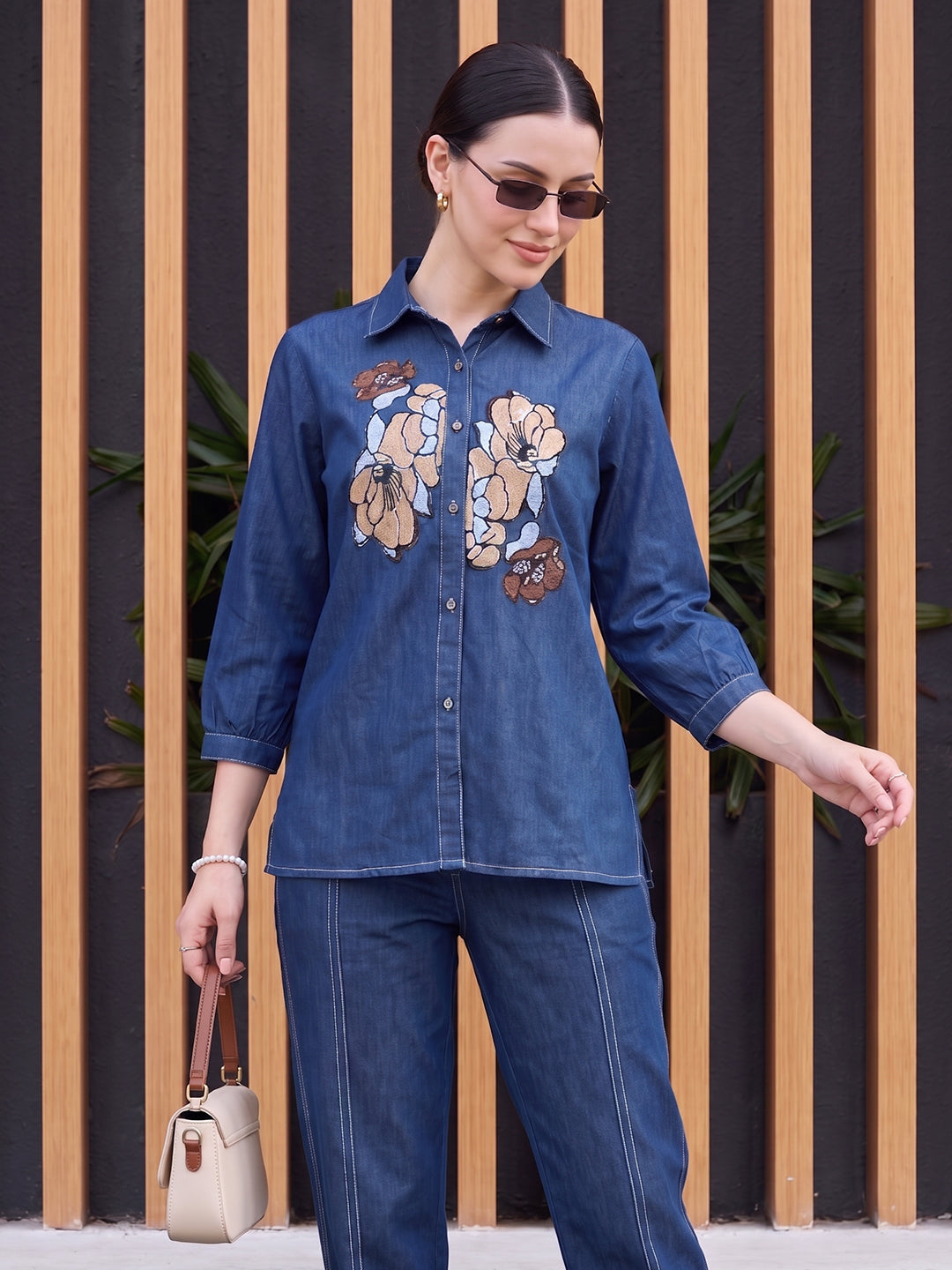 Zummer Women's Blue Embroidered Cotton Co-Ord Set with Floral Trim