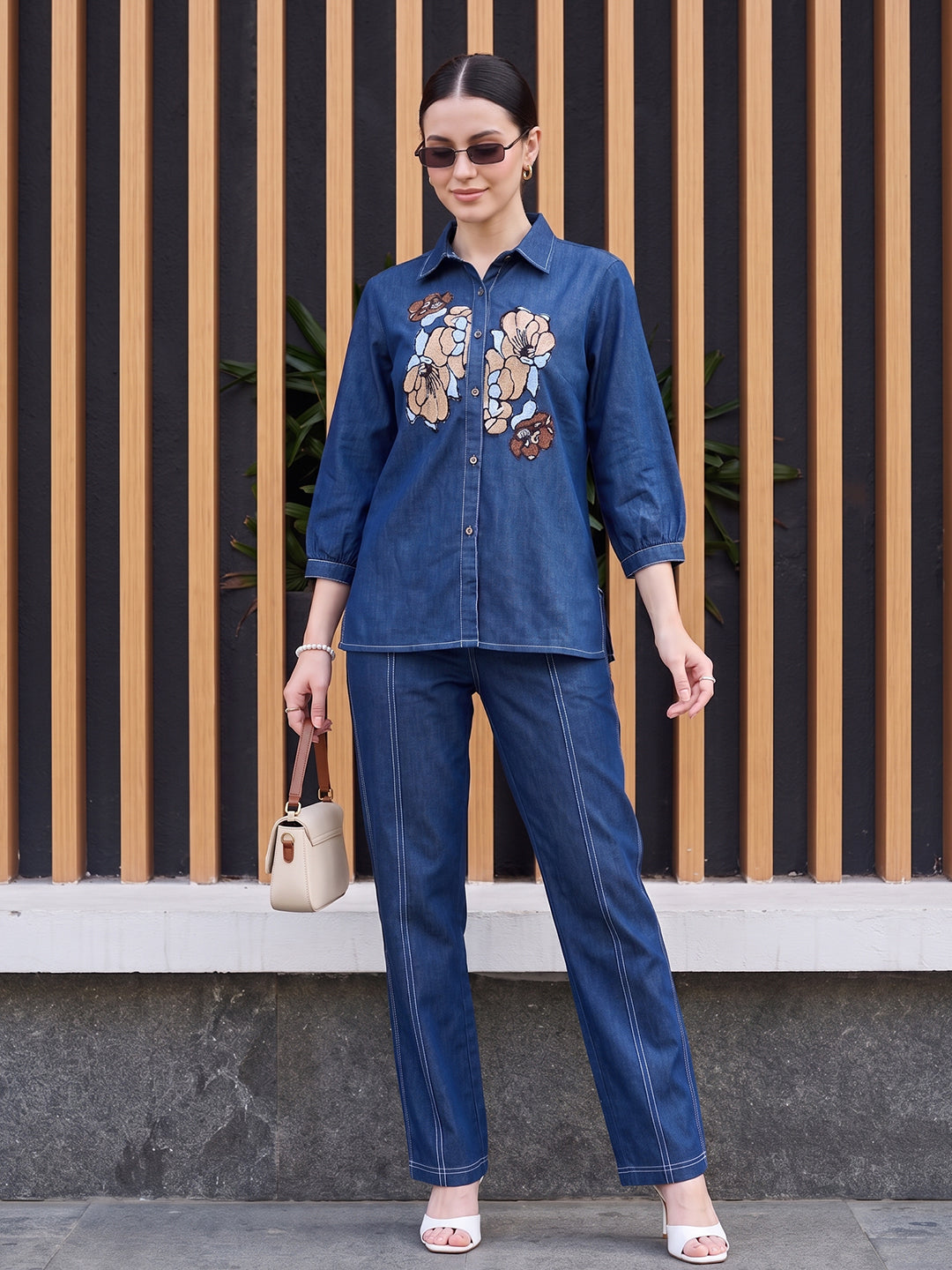 Zummer Women's Blue Embroidered Cotton Co-Ord Set with Floral Trim