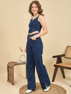 Navy Blue Denim Corset Top With Straight Fit Pants