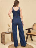 Navy Blue Denim Corset Top With Straight Fit Pants