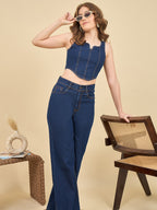 Navy Blue Denim Corset Top With Straight Fit Pants
