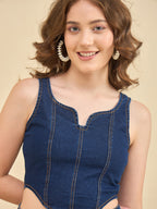 Navy Blue Denim Corset Top With Straight Fit Pants