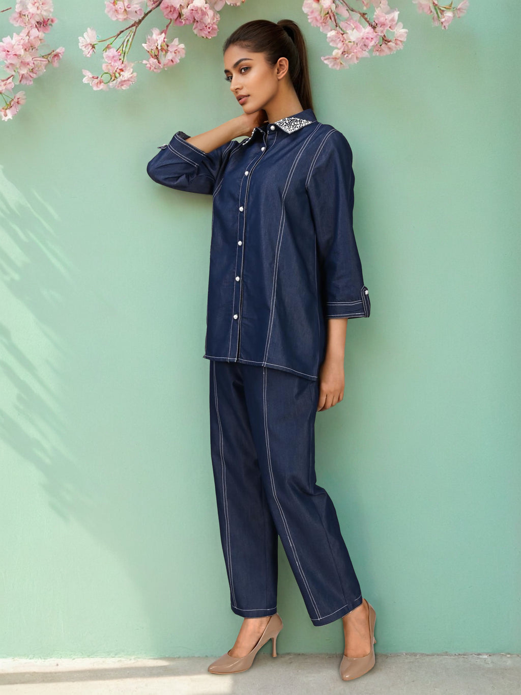 Denim Embellished Shirt With Trouser Co-Ords Set