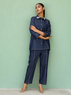 Denim Embellished Shirt With Trouser Co-Ords Set