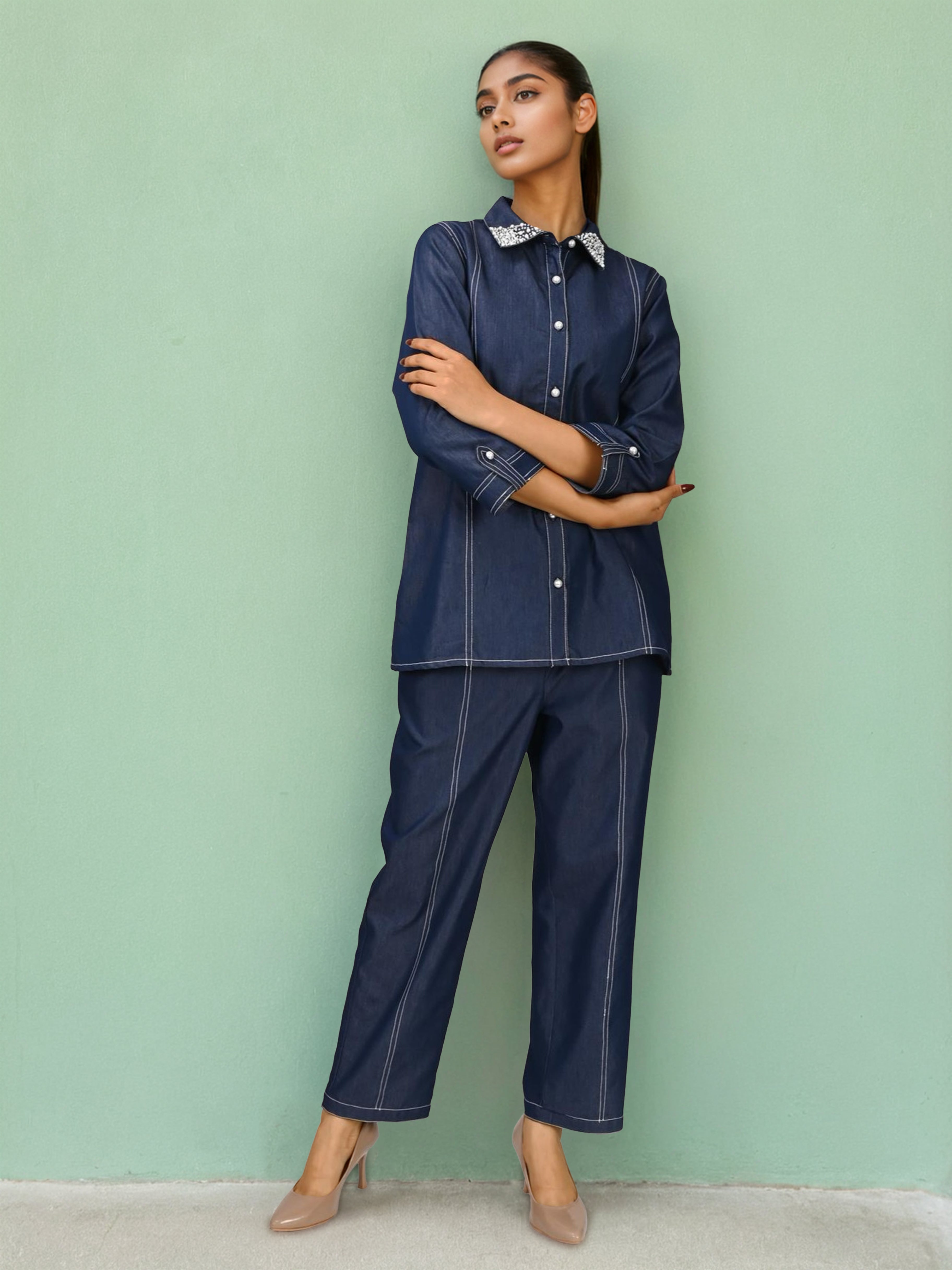 Denim Embellished Shirt With Trouser Co-Ords Set