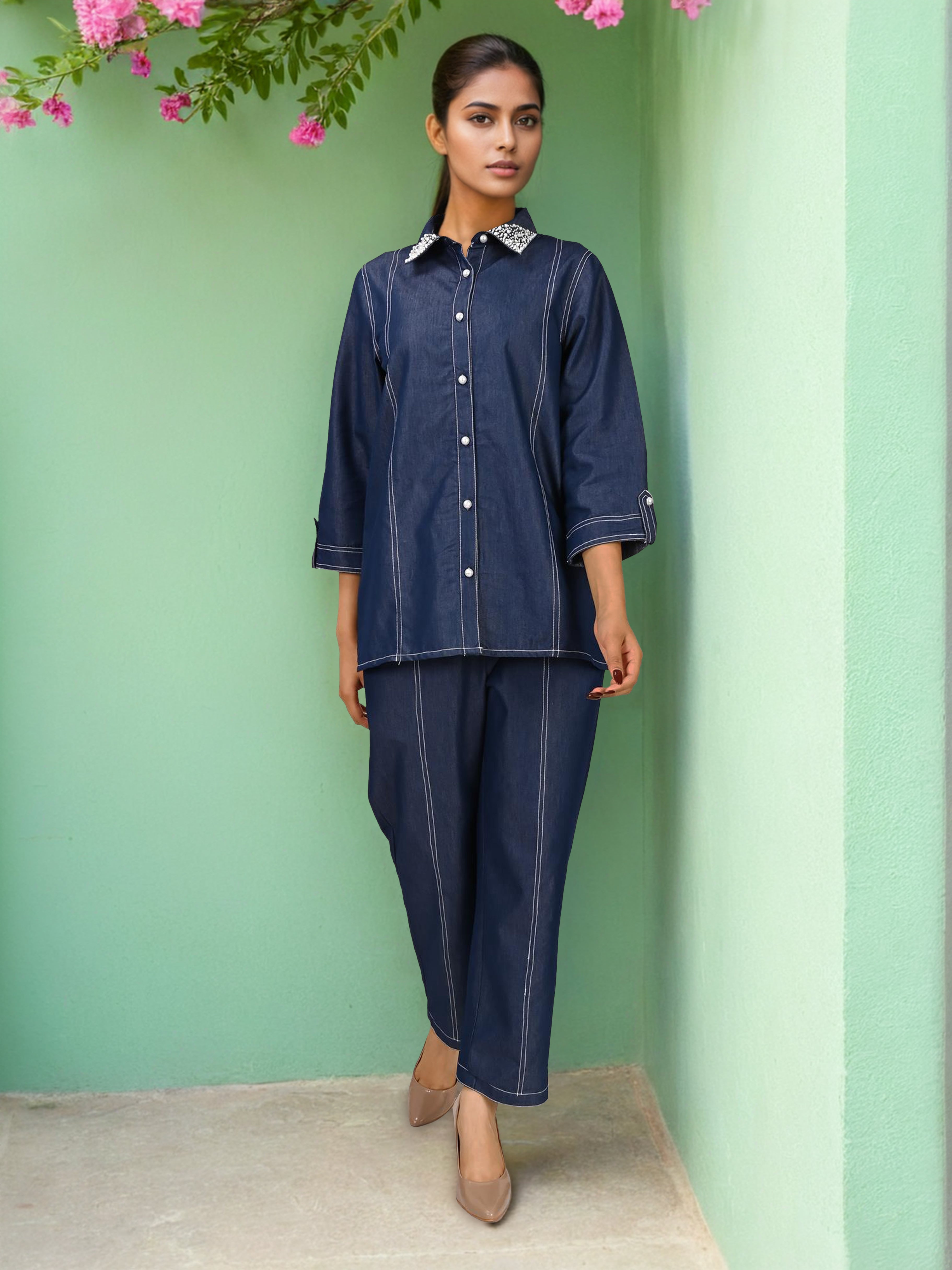 Denim Embellished Shirt With Trouser Co-Ords Set
