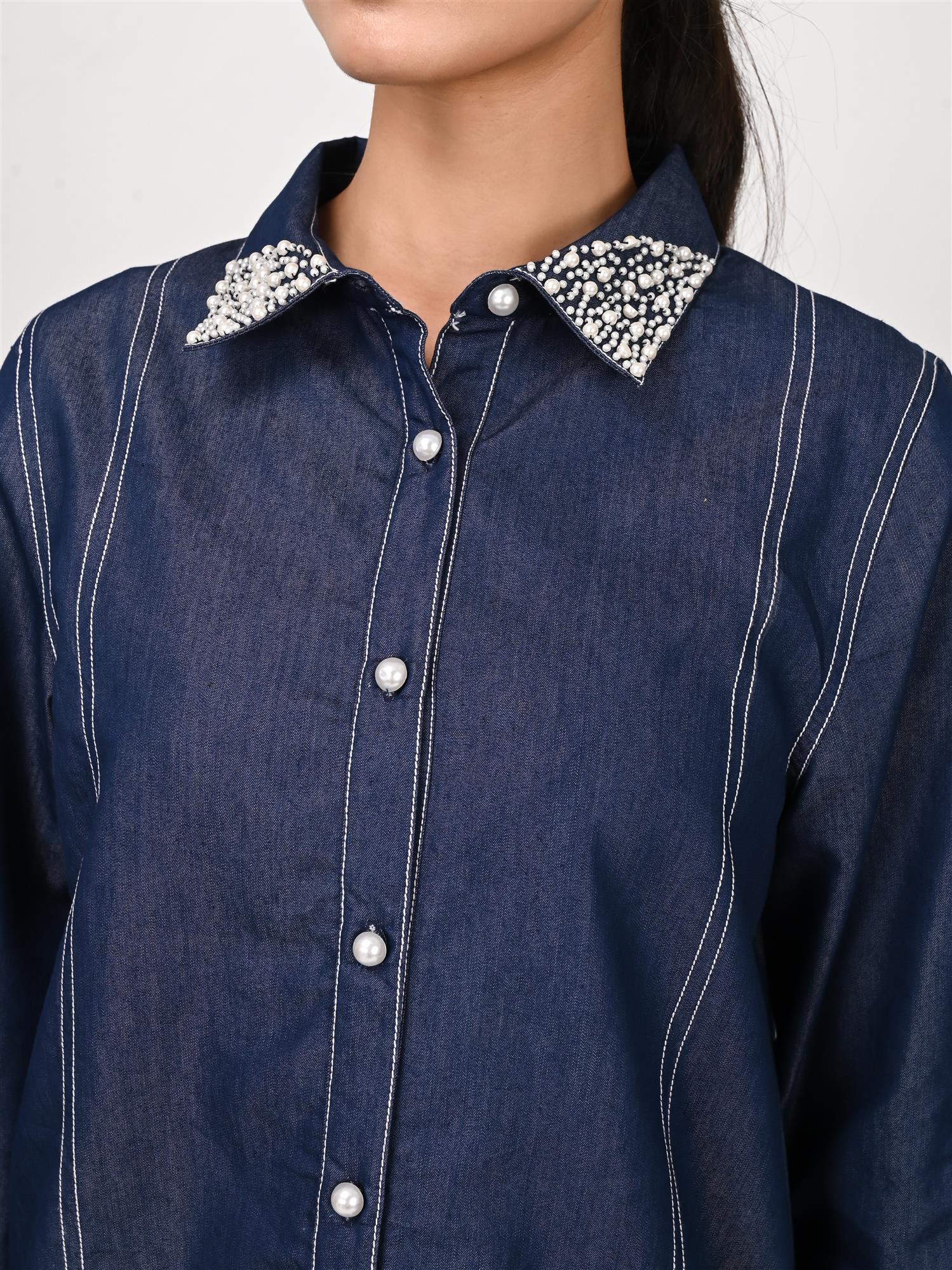 Denim Embellished Shirt With Trouser Co-Ords Set