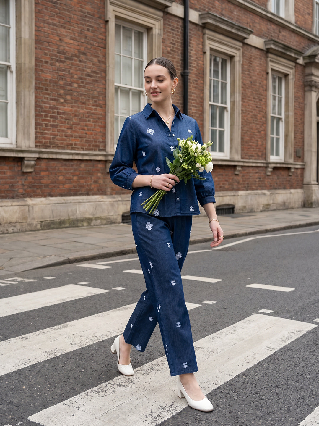 Zummer Denim Co-ord Set – Navy Blue Embroidered Shirt & Trousers