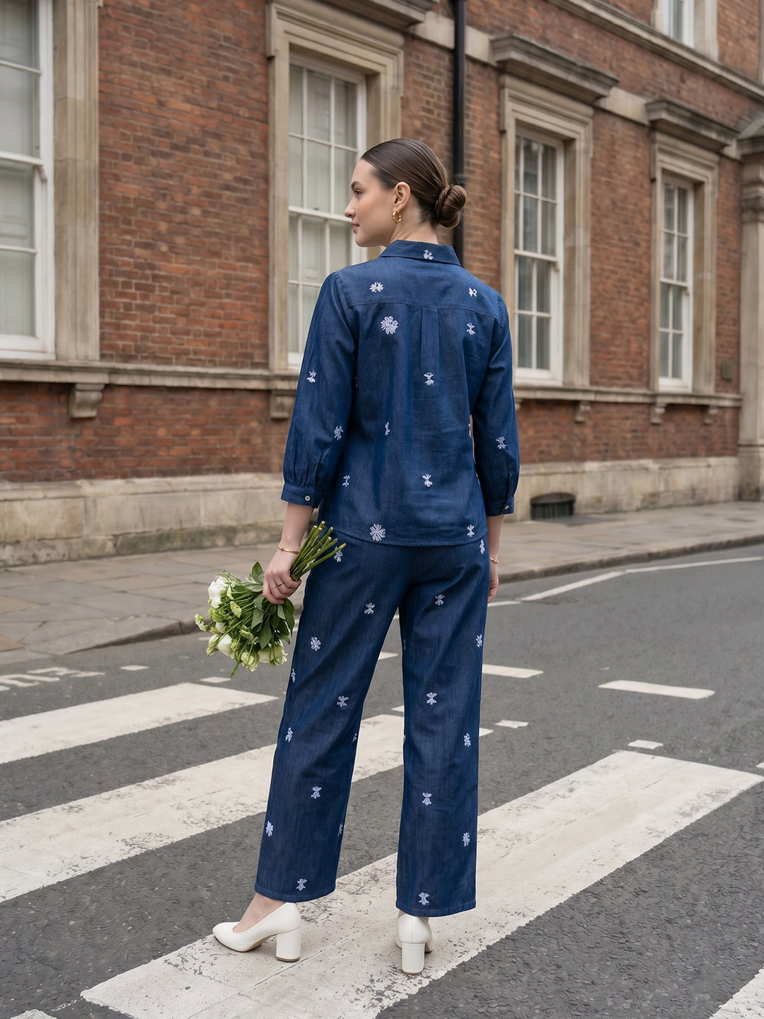 Zummer Denim Co-ord Set – Navy Blue Embroidered Shirt & Trousers