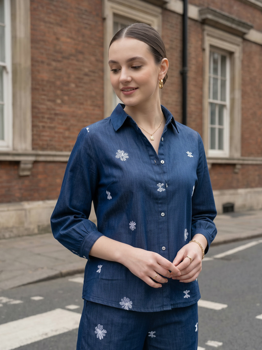 Zummer Denim Co-ord Set – Navy Blue Embroidered Shirt & Trousers