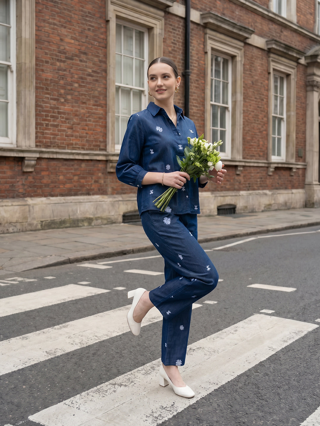 Zummer Denim Co-ord Set – Navy Blue Embroidered Shirt & Trousers
