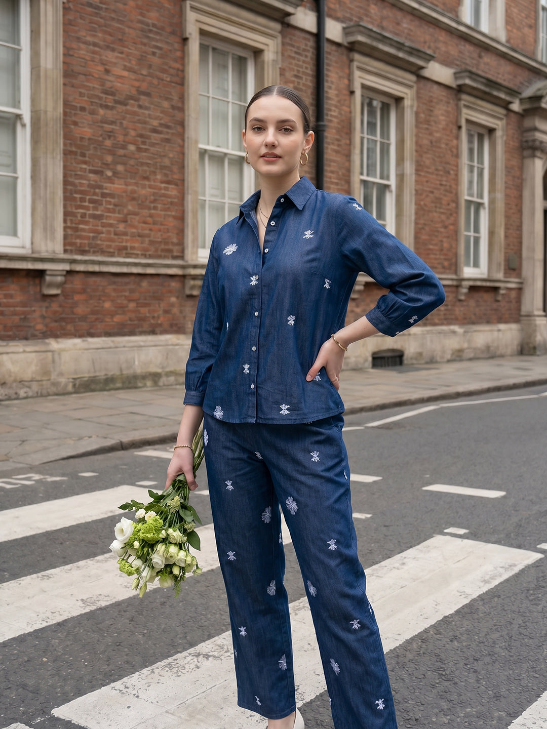 Zummer Denim Co-ord Set – Navy Blue Embroidered Shirt & Trousers