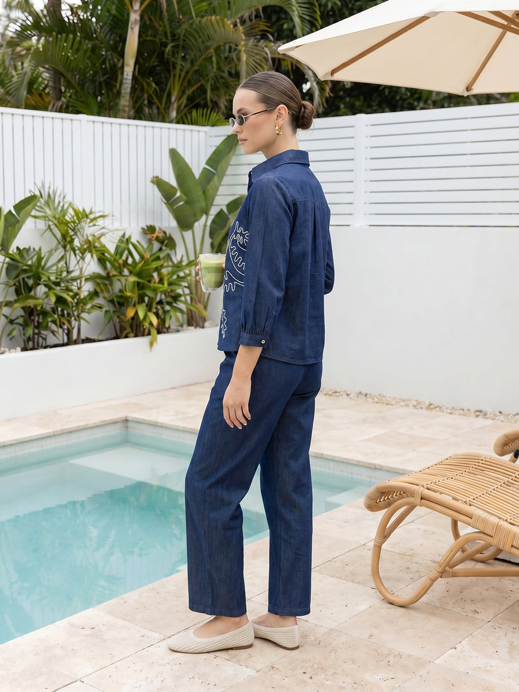 Zummer Co-ord Set – Navy Blue Embroidered Shirt & Trousers