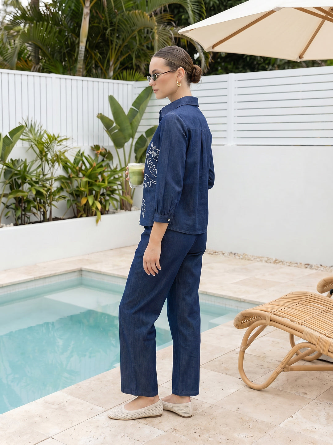 Zummer Co-ord Set – Navy Blue Embroidered Shirt & Trousers