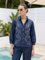 Zummer Co-ord Set – Navy Blue Embroidered Shirt & Trousers