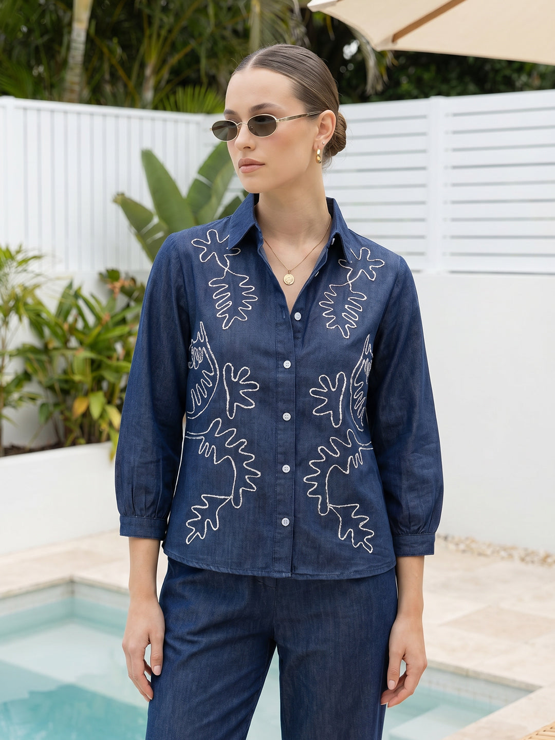 Zummer Co-ord Set – Navy Blue Embroidered Shirt & Trousers