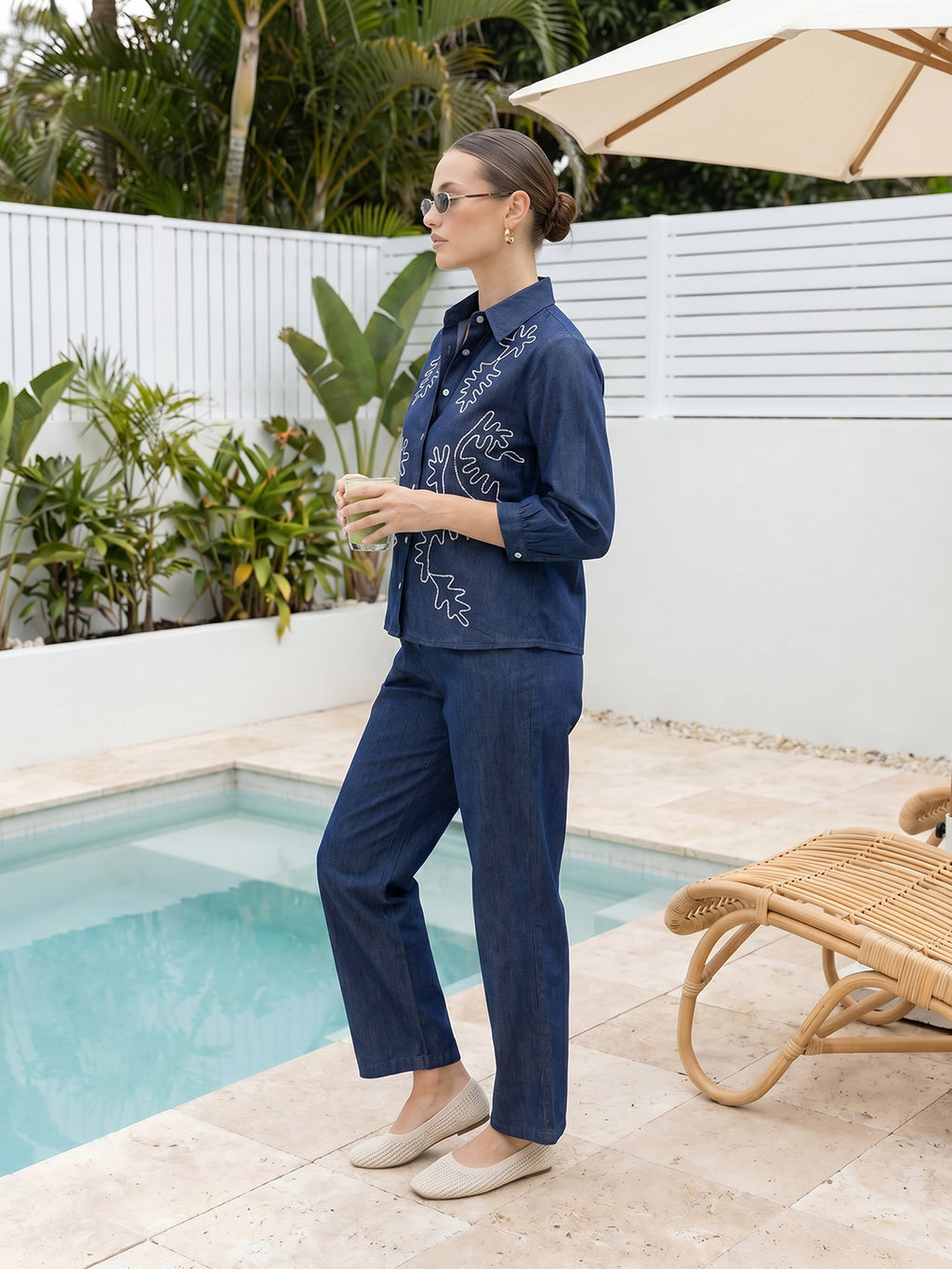Zummer Co-ord Set – Navy Blue Embroidered Shirt & Trousers
