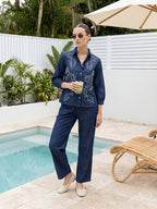Zummer Co-ord Set – Navy Blue Embroidered Shirt & Trousers