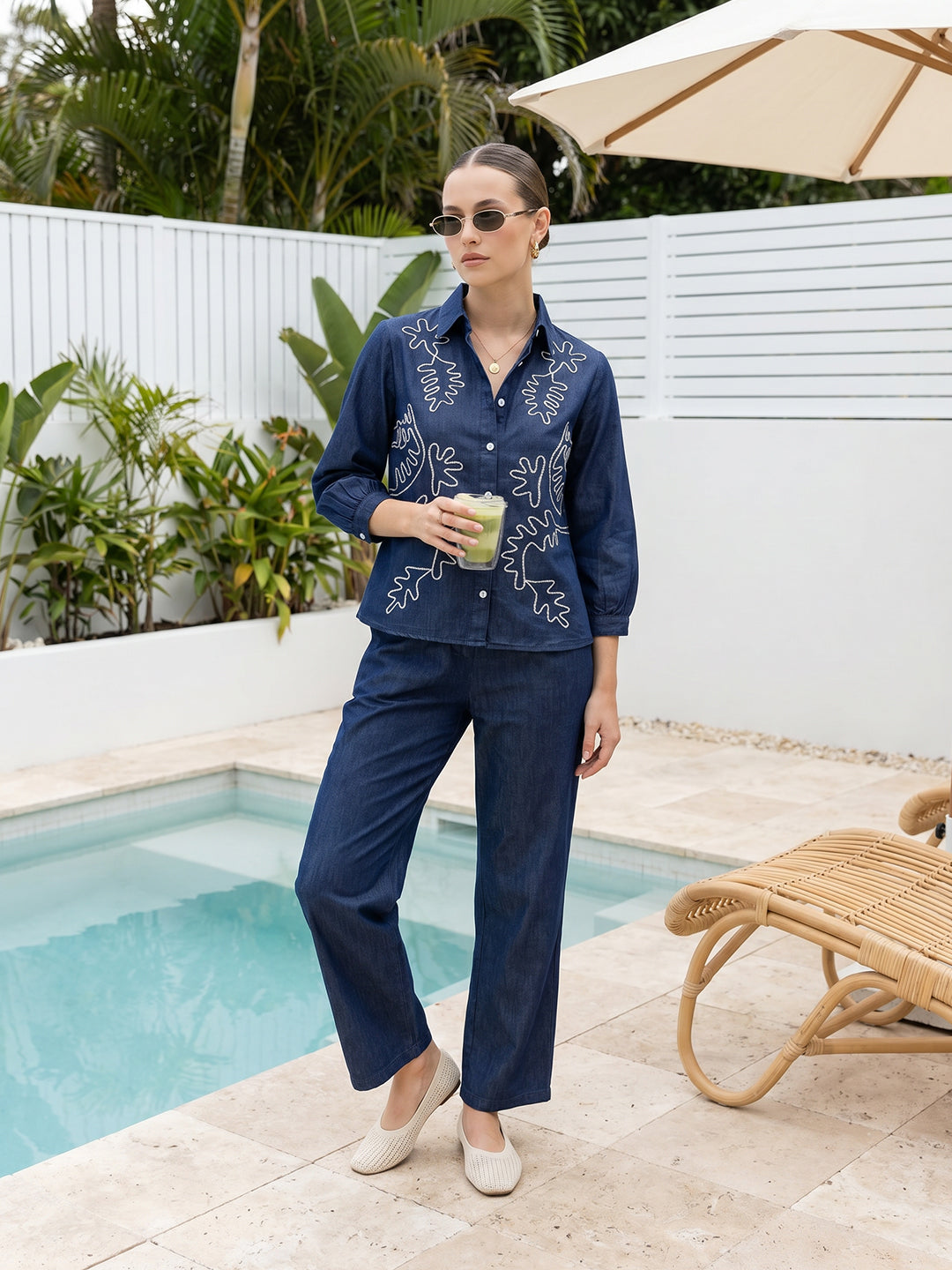 Zummer Co-ord Set – Navy Blue Embroidered Shirt & Trousers
