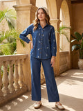 Zummer Denim Co-ord Set – Navy Blue Embroidered Shirt & Trousers