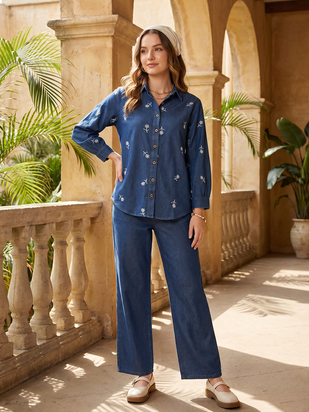 Zummer Denim Co-ord Set – Navy Blue Embroidered Shirt & Trousers