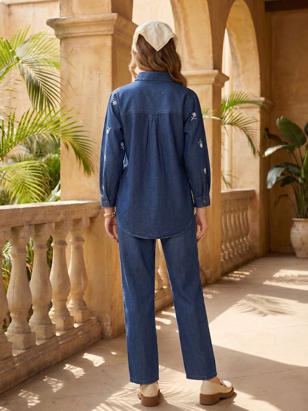 Zummer Denim Co-ord Set – Navy Blue Embroidered Shirt & Trousers