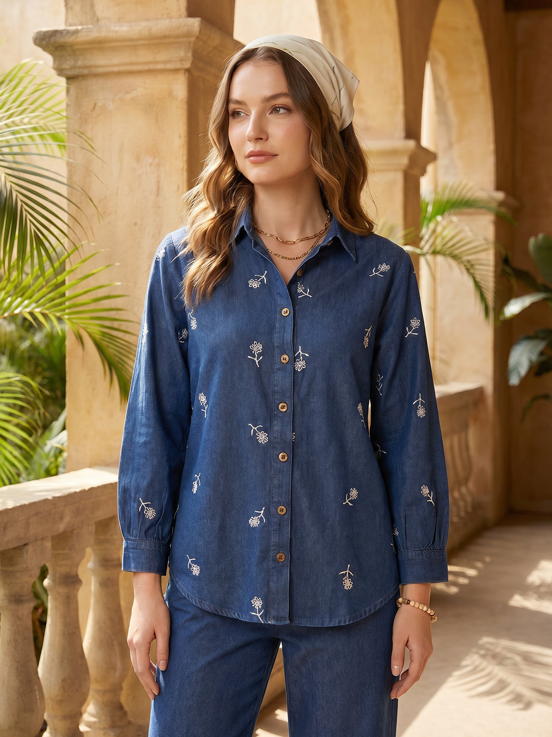 Zummer Denim Co-ord Set – Navy Blue Embroidered Shirt & Trousers