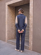 Zummer Women's Navy Blue Embellished Denim Co-Ord Set with Shirt Collar