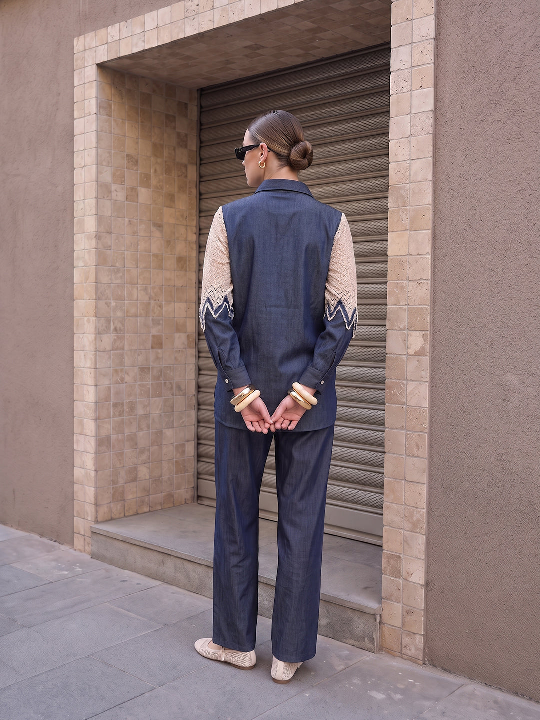 Zummer Women's Navy Blue Embellished Denim Co-Ord Set with Shirt Collar