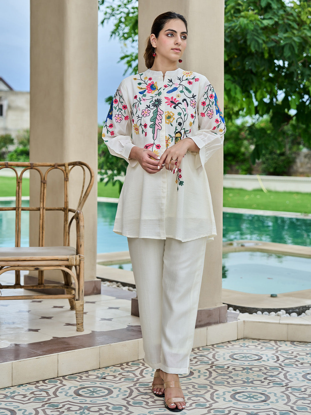 Embroidered Mandarin Collar Tunic With Trouser Co-Ords