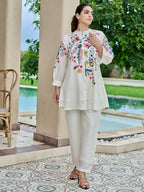 Embroidered Mandarin Collar Tunic With Trouser Co-Ords