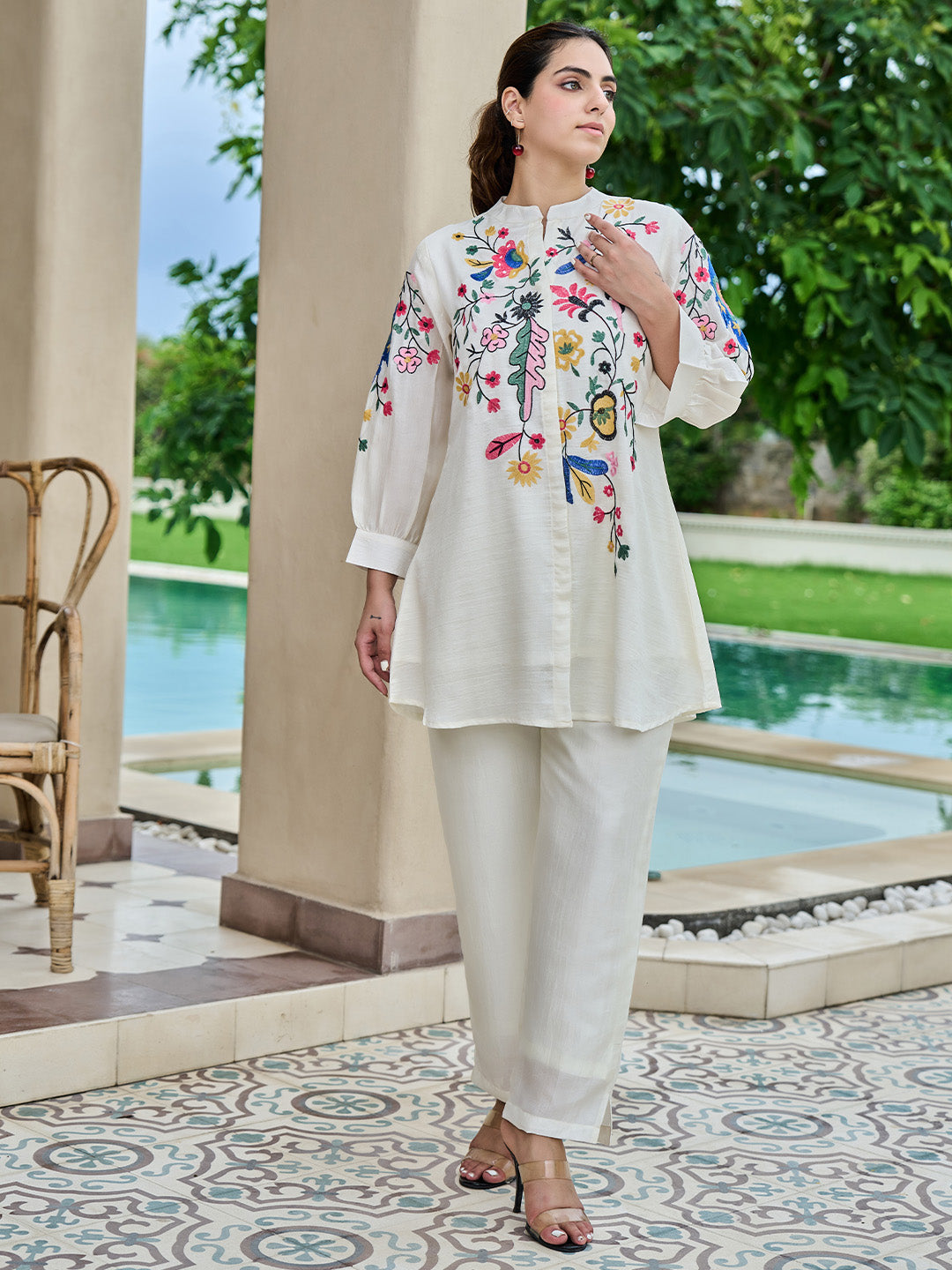 Embroidered Mandarin Collar Tunic With Trouser Co-Ords