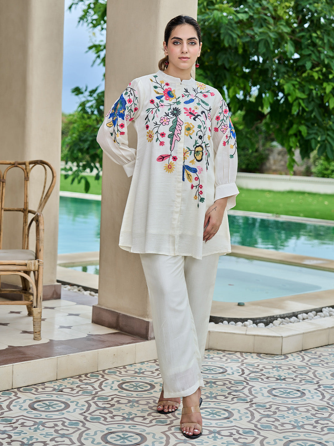 Embroidered Mandarin Collar Tunic With Trouser Co-Ords