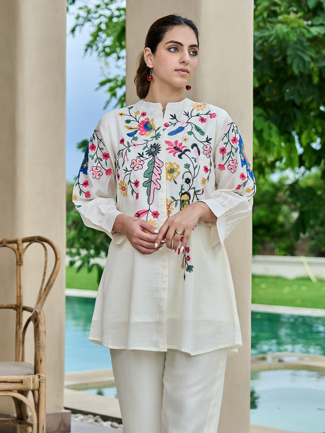 Embroidered Mandarin Collar Tunic With Trouser Co-Ords