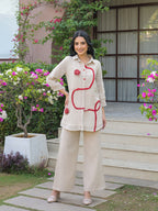Zummer Women Off White Cotton Blend Embellished Tunic & Trouser Co-Ord Set