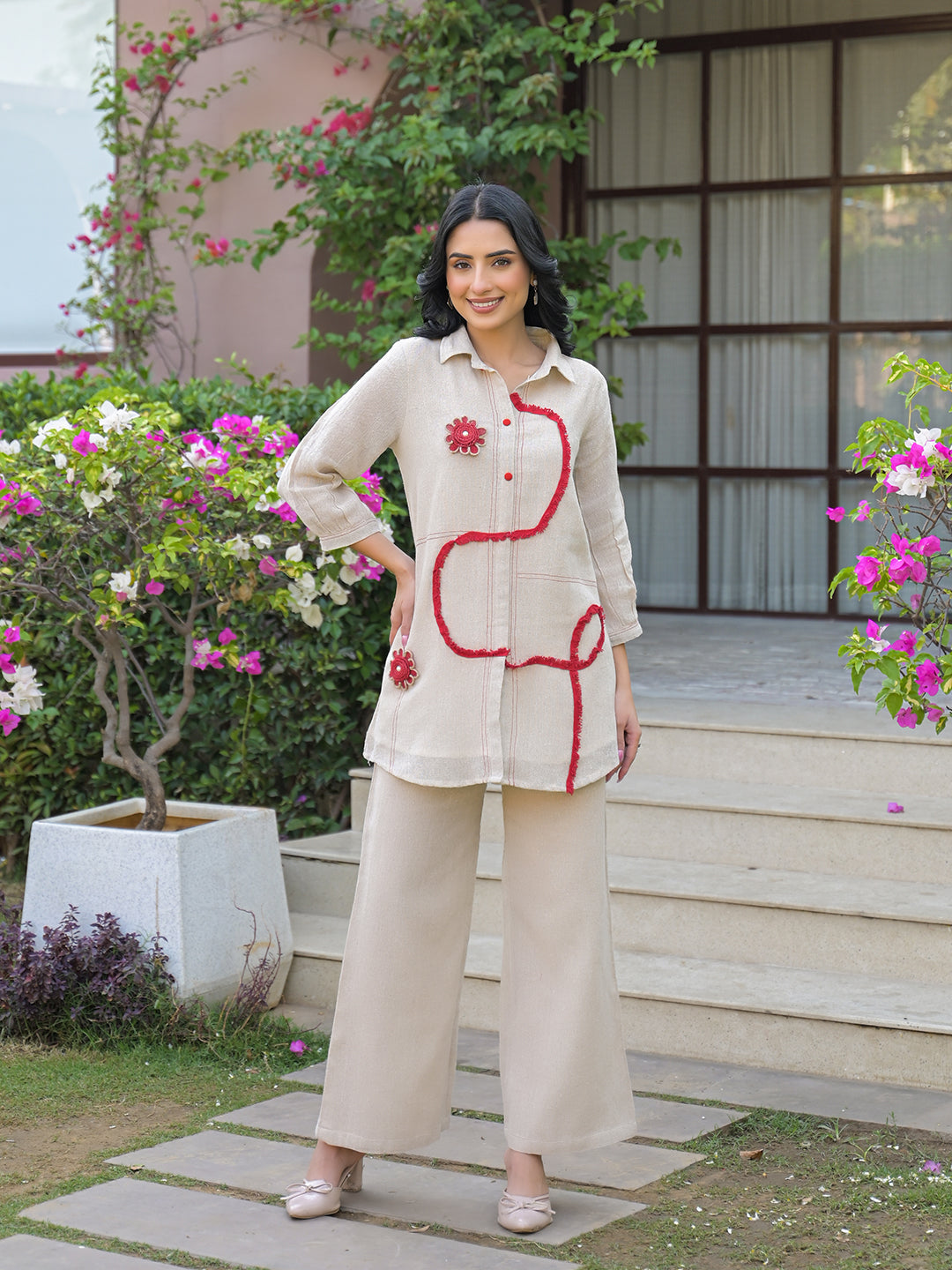 Zummer Women Off White Cotton Blend Embellished Tunic & Trouser Co-Ord Set