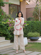 Zummer Women Off White Cotton Blend Embellished Tunic & Trouser Co-Ord Set