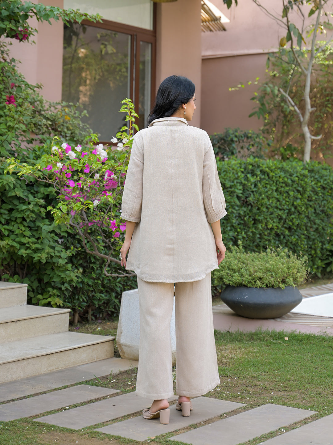 Zummer Women Off White Cotton Blend Embellished Tunic & Trouser Co-Ord Set