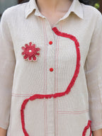 Zummer Women Off White Cotton Blend Embellished Tunic & Trouser Co-Ord Set
