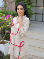 Zummer Women Off White Cotton Blend Embellished Tunic & Trouser Co-Ord Set