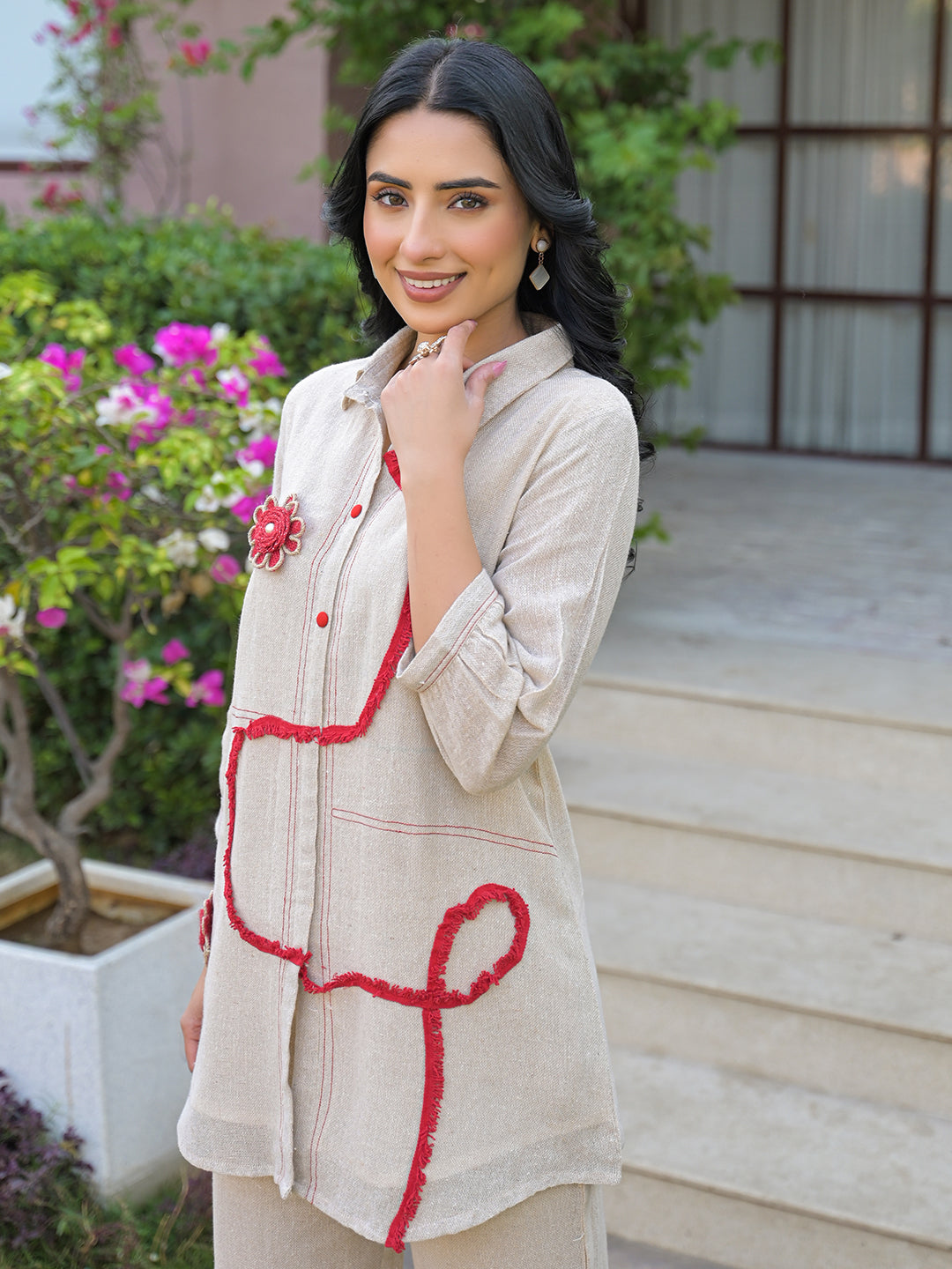 Zummer Women Off White Cotton Blend Embellished Tunic & Trouser Co-Ord Set