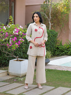 Zummer Women Off White Cotton Blend Embellished Tunic & Trouser Co-Ord Set