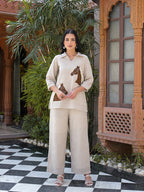 Zummer Women Off White Cotton Blend Embellished Tunic & Trouser Co-Ord Set