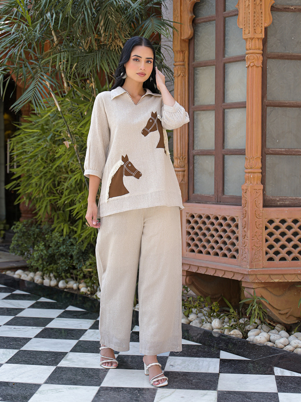 Zummer Women Off White Cotton Blend Embellished Tunic & Trouser Co-Ord Set