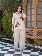 Zummer Women Off White Cotton Blend Embellished Tunic & Trouser Co-Ord Set