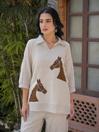 Zummer Women Off White Cotton Blend Embellished Tunic & Trouser Co-Ord Set